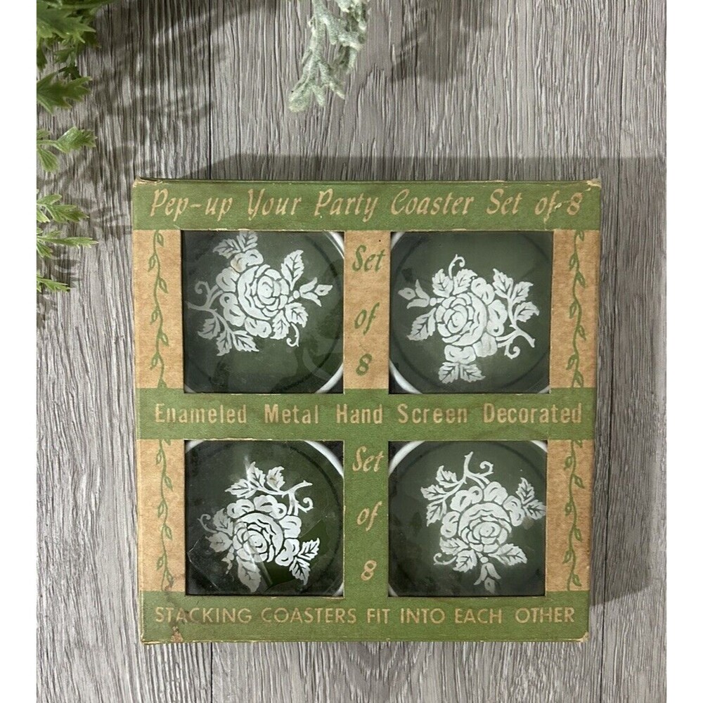 Vintage Metal Tole Ware Coasters In Original Box Green White Floral Set of 8